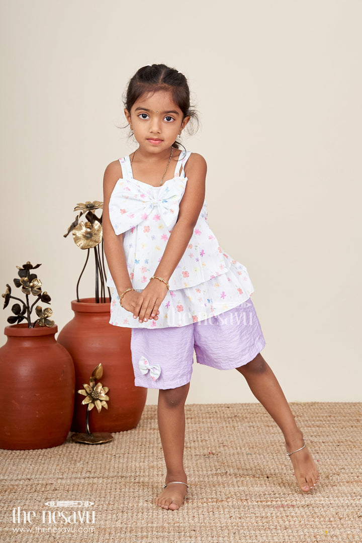 Girls summer casual set with lavender shorts and bow top