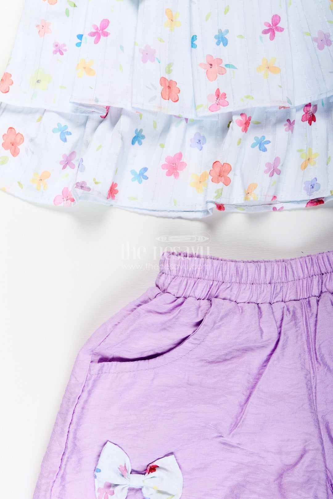 Girls summer casual set with lavender shorts and bow top