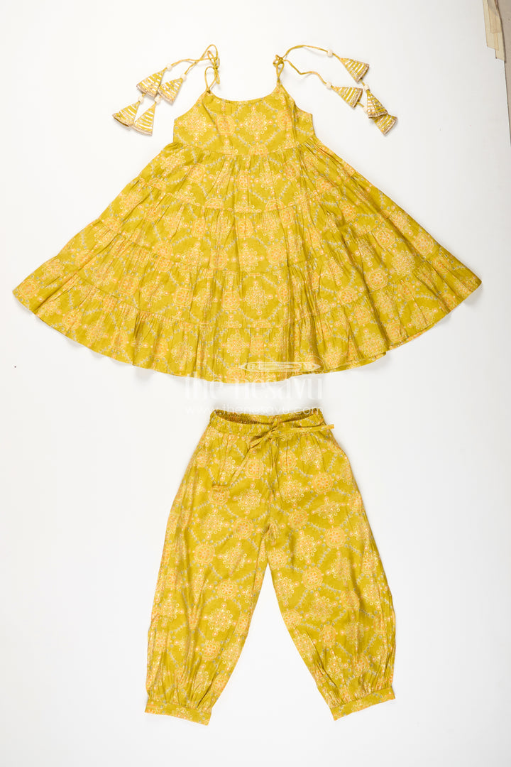 Girls yellow sharara set with printed tiered kurti for festive dressing
