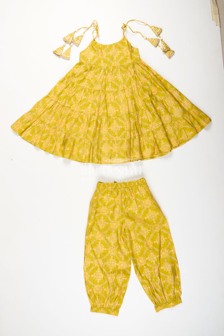 Girls yellow sharara set with printed tiered kurti for festive dressing