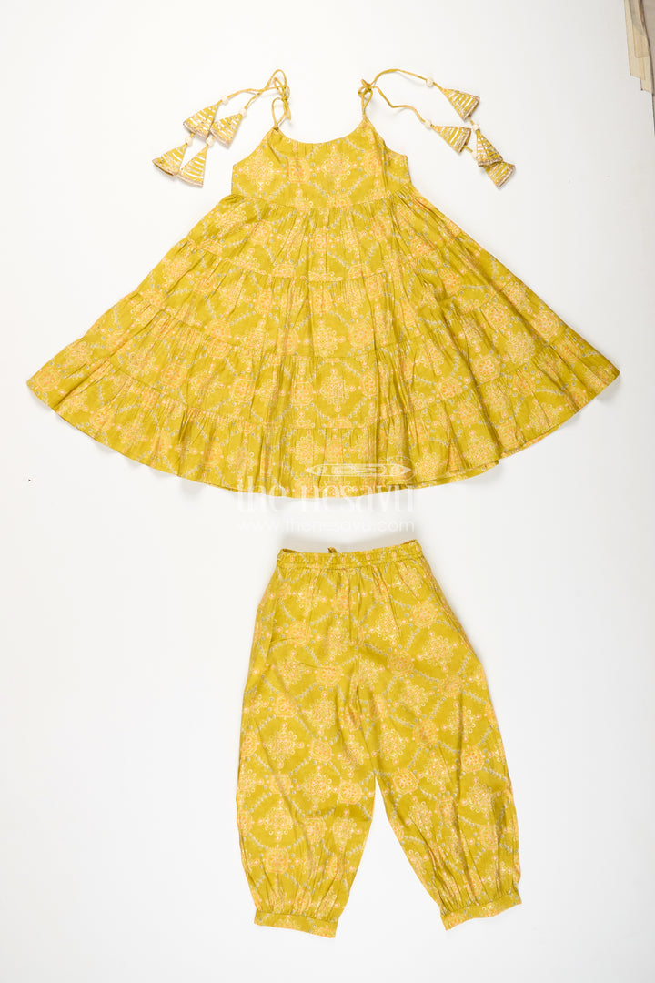 Girls yellow sharara set with printed tiered kurti for festive dressing
