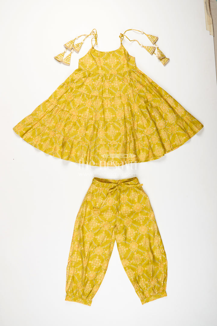 Girls yellow sharara set with printed tiered kurti for festive dressing