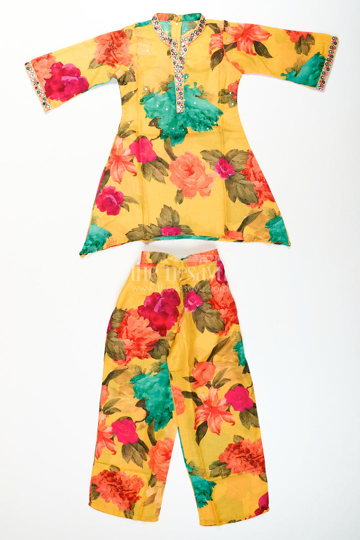 Girls sharara set with floral print and mirror work neckline