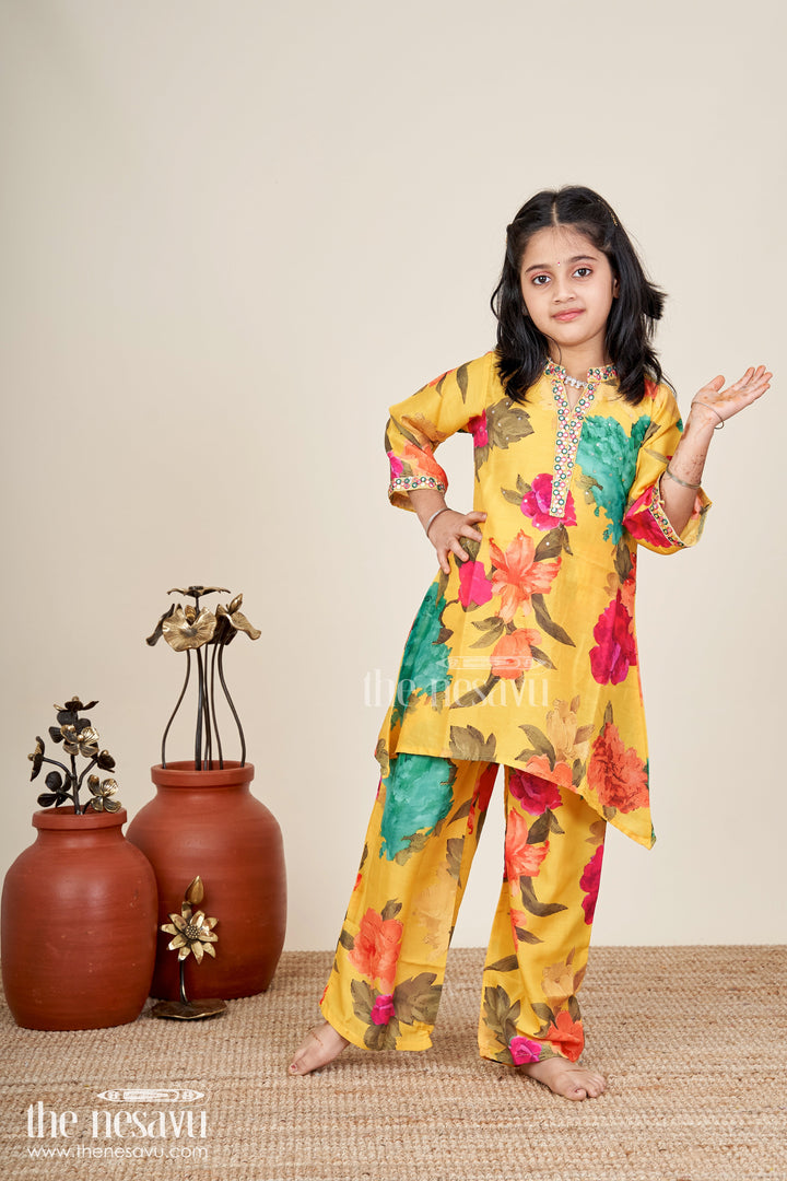 Girls sharara set with floral print and mirror work neckline