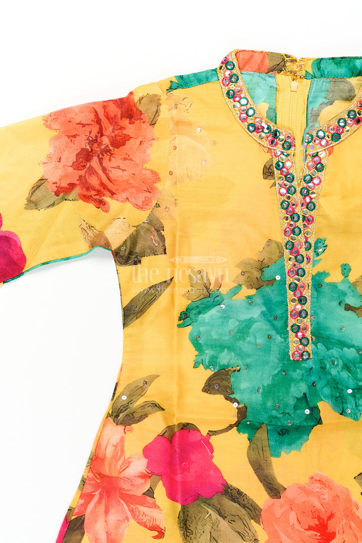 Girls sharara set with floral print and mirror work neckline