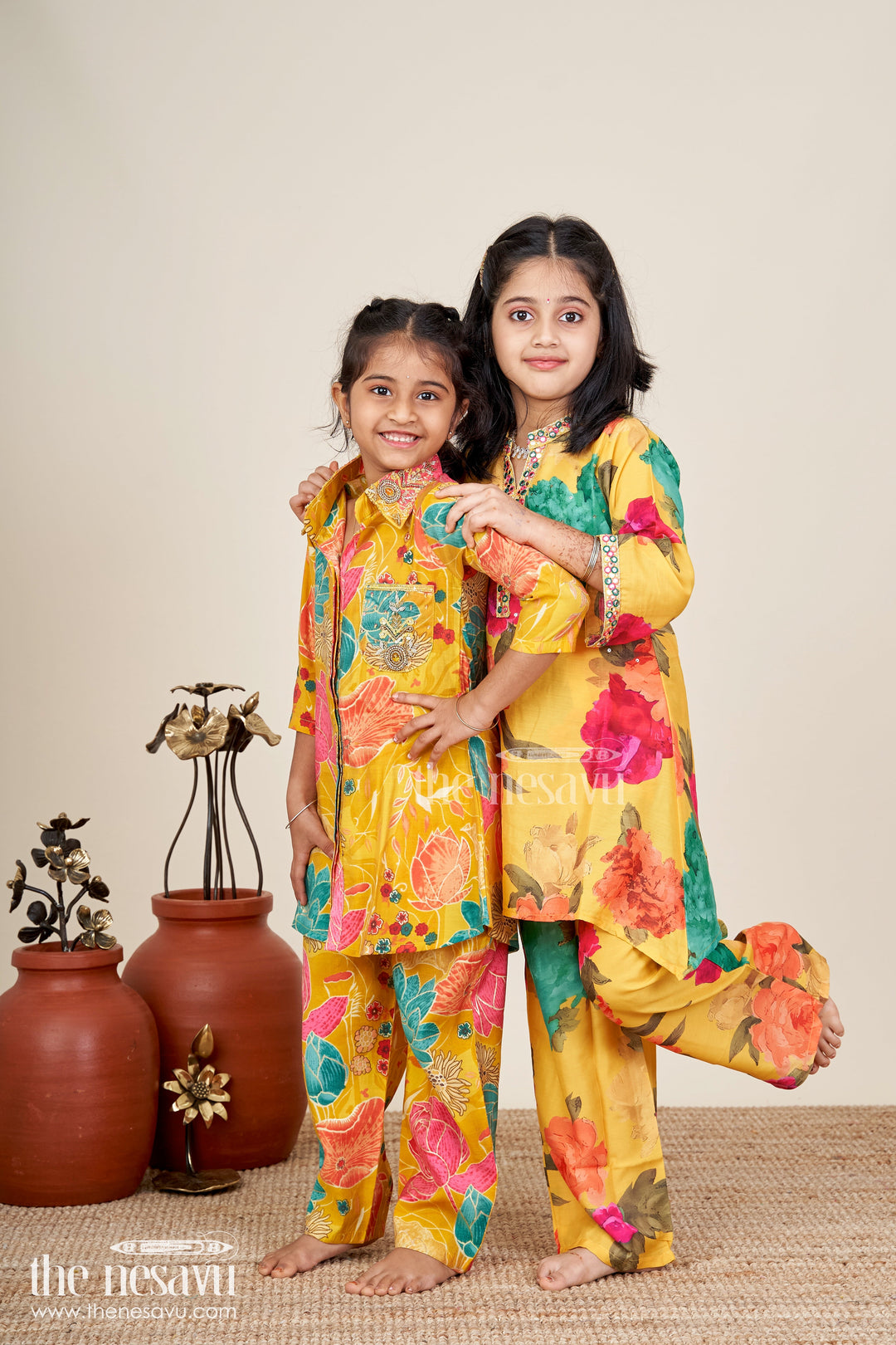 Girls sharara set with floral print and mirror work neckline