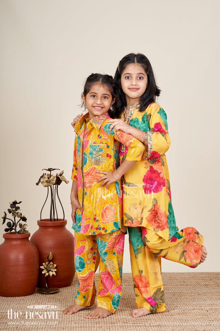 Girls sharara set with floral print and mirror work neckline