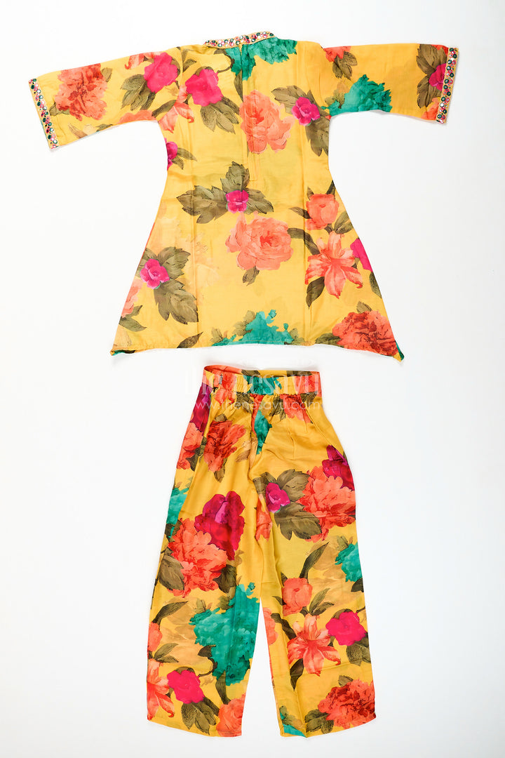 Girls sharara set with floral print and mirror work neckline