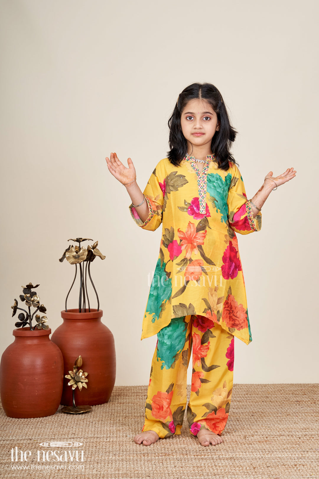 Girls sharara set with floral print and mirror work neckline