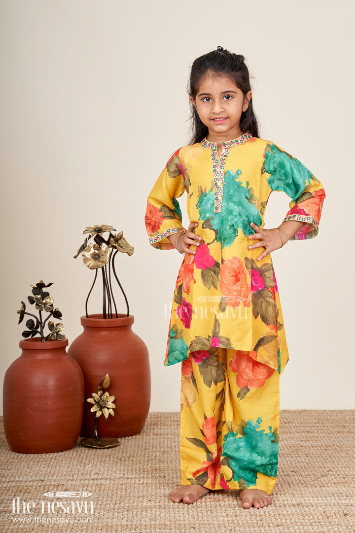 Girls sharara set with floral print and mirror work neckline