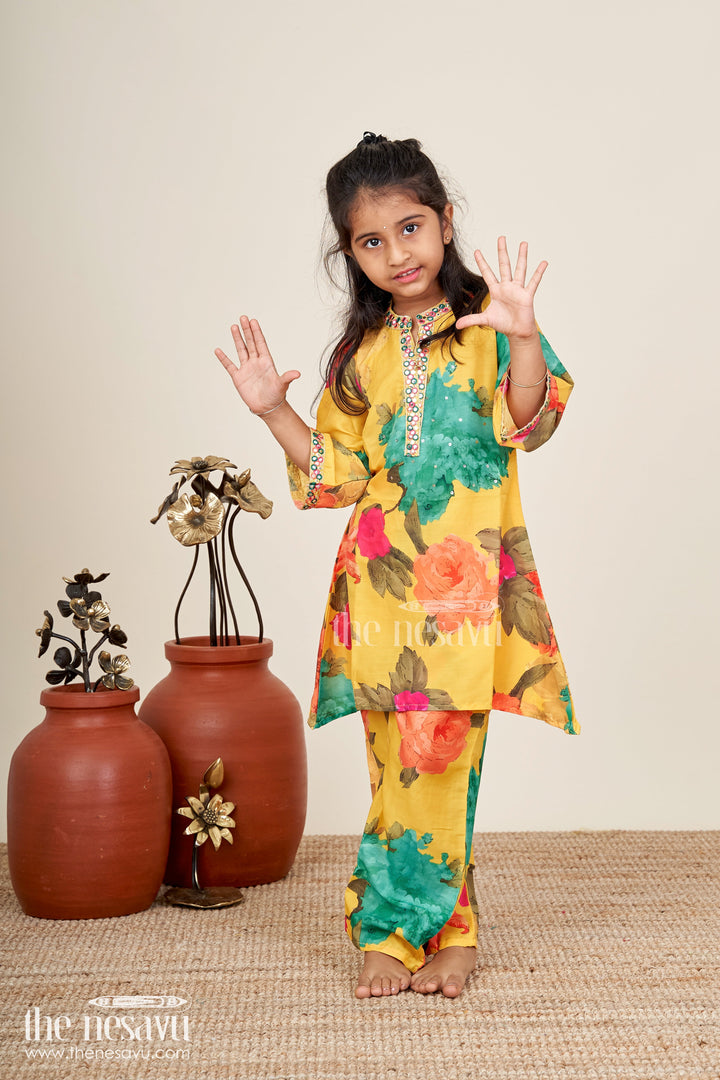 Girls sharara set with floral print and mirror work neckline