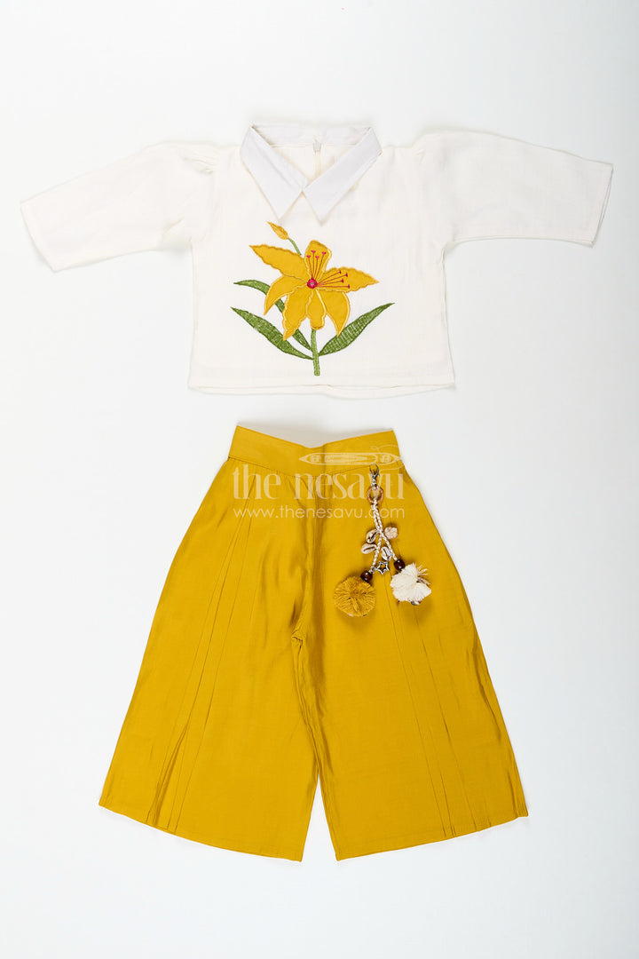 Girls yellow floral embroidery top and matching palazzo set