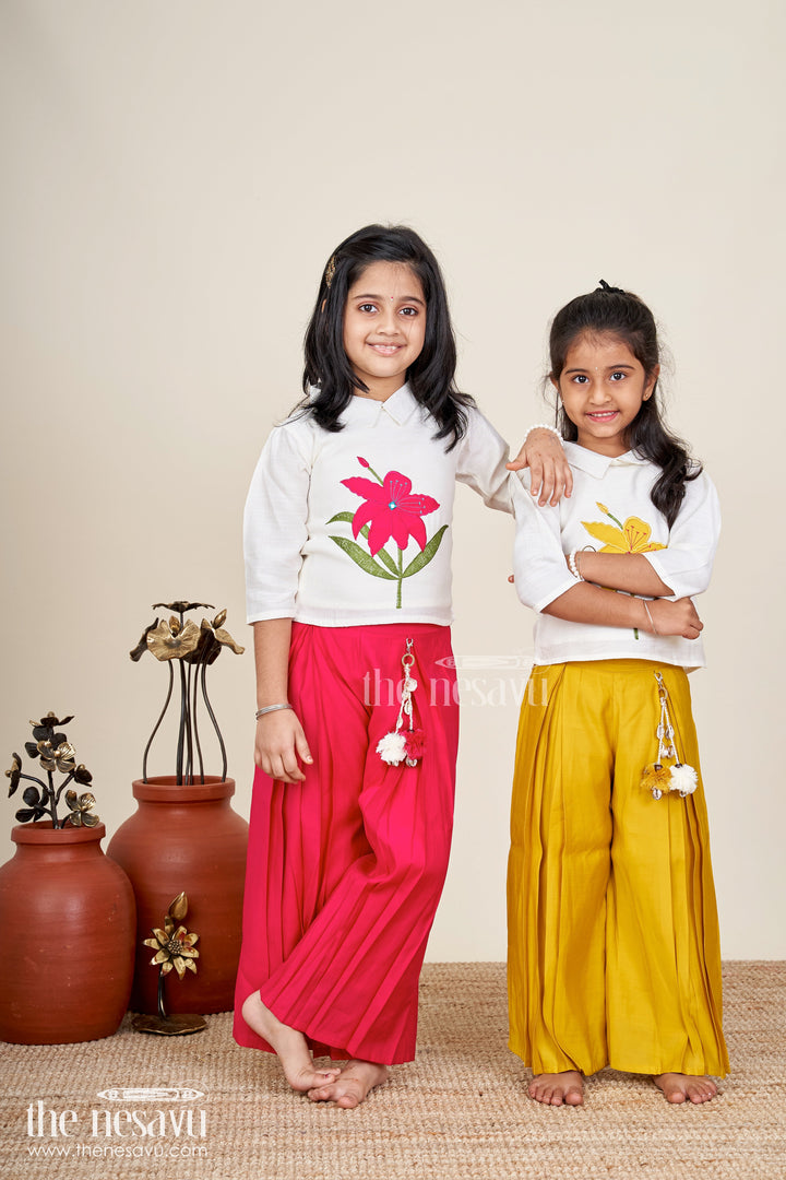Girls yellow floral embroidery top and matching palazzo set