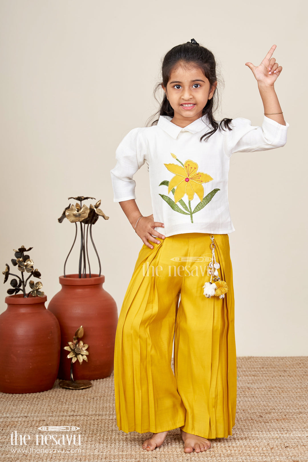 Girls yellow floral embroidery top and matching palazzo set