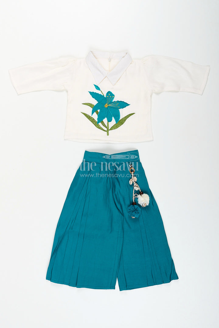 Girls teal floral embroidery top and palazzo pants set