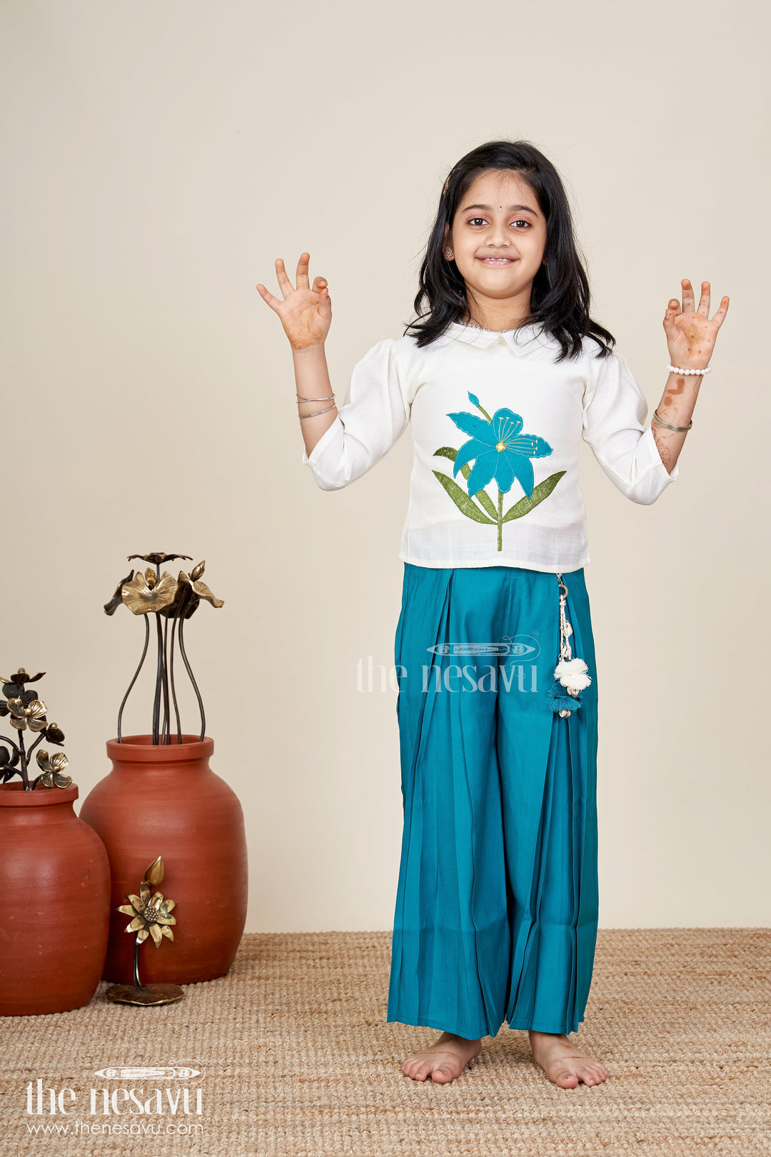 Girls teal floral embroidery top and palazzo pants set