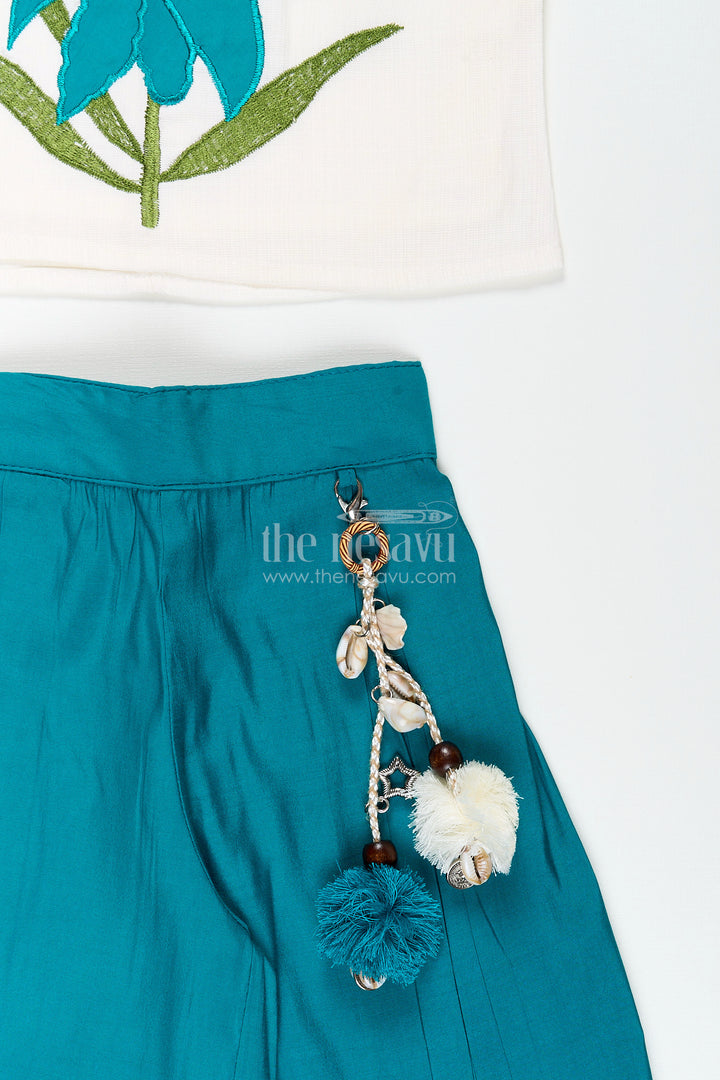 Girls teal floral embroidery top and palazzo pants set
