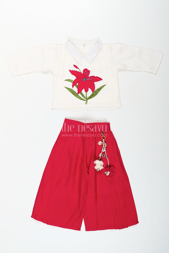 Girls magenta floral embroidery cotton top and palazzo set