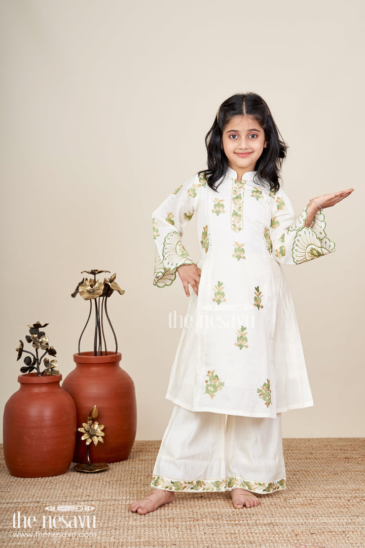 Girls white sharara set with thread embroidery for festive occasions