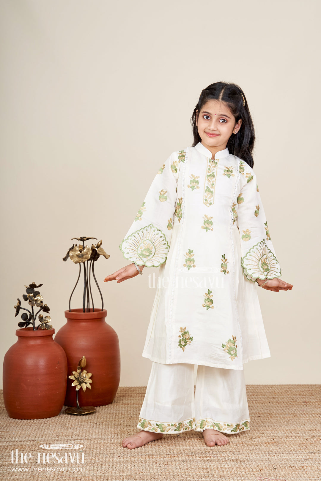 Girls white sharara set with thread embroidery for festive occasions