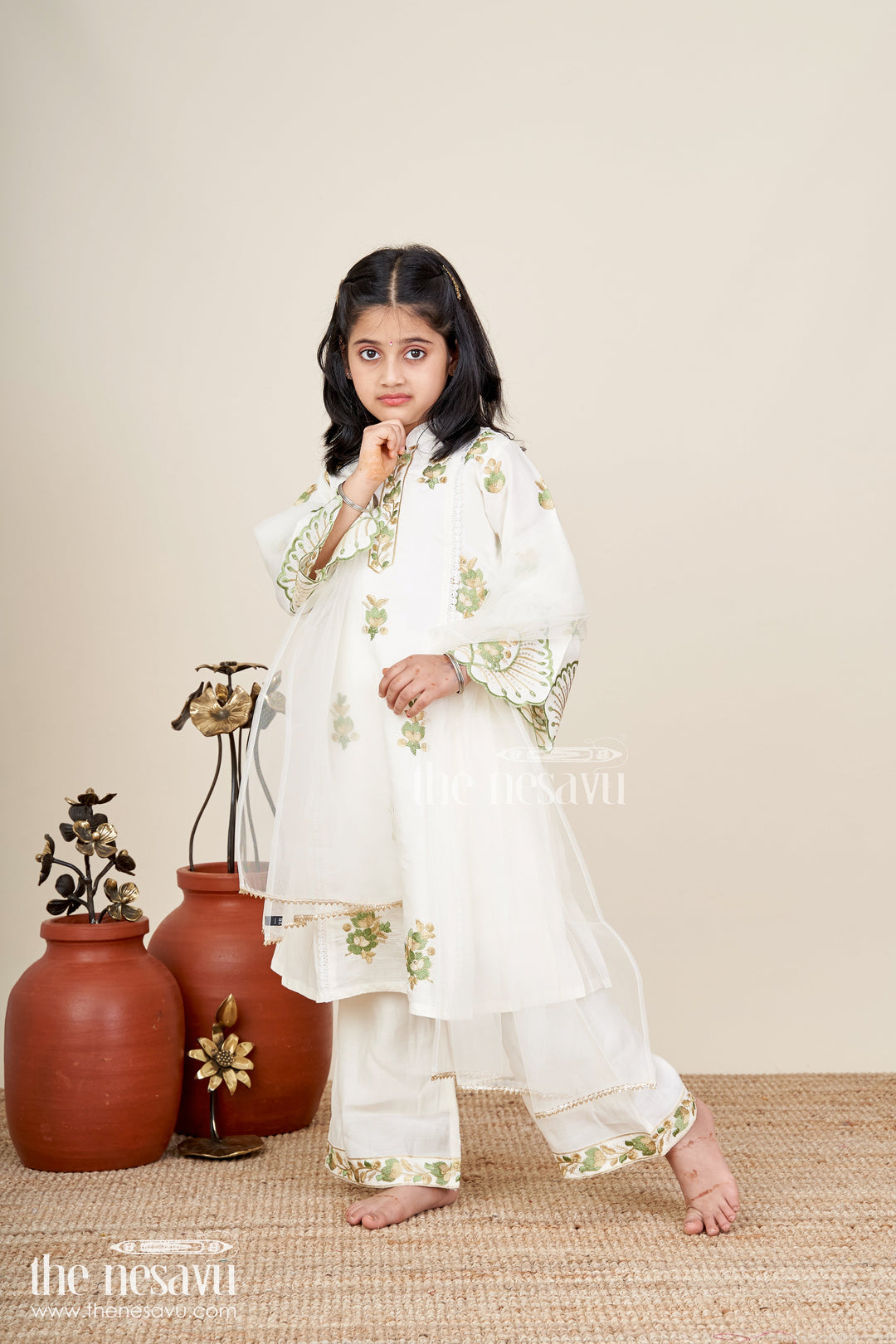 Girls white sharara set with thread embroidery for festive occasions