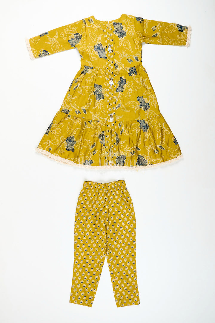 Girls mustard sharara set with black floral print for festive wear