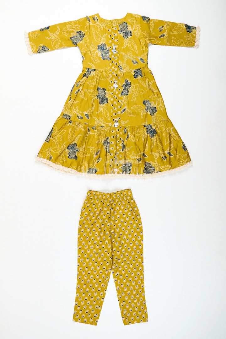 Girls mustard sharara set with black floral print for festive wear