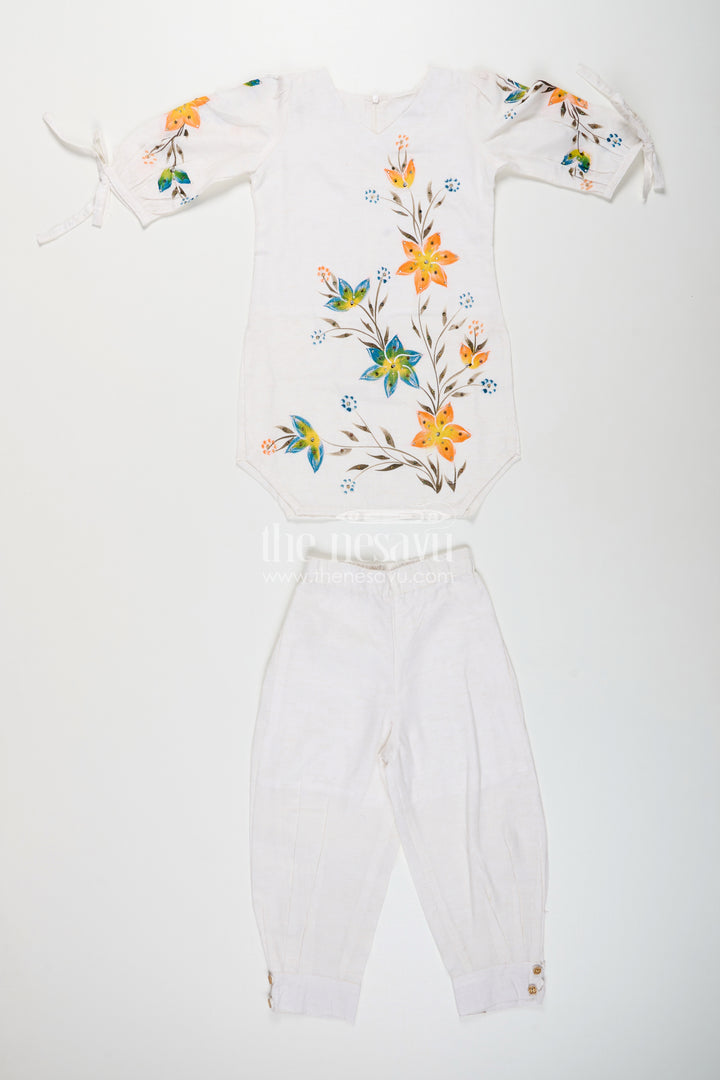 White floral print kurti and pant set for girls for festive summer wear
