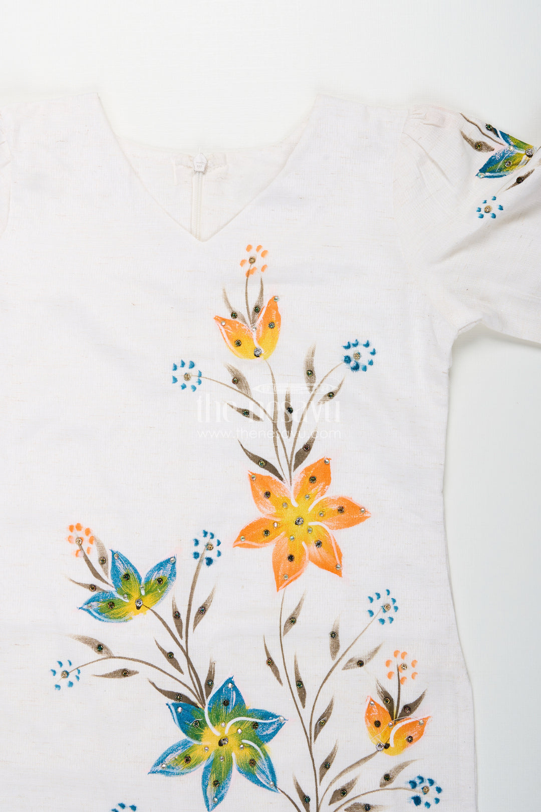 White floral print kurti and pant set for girls for festive summer wear