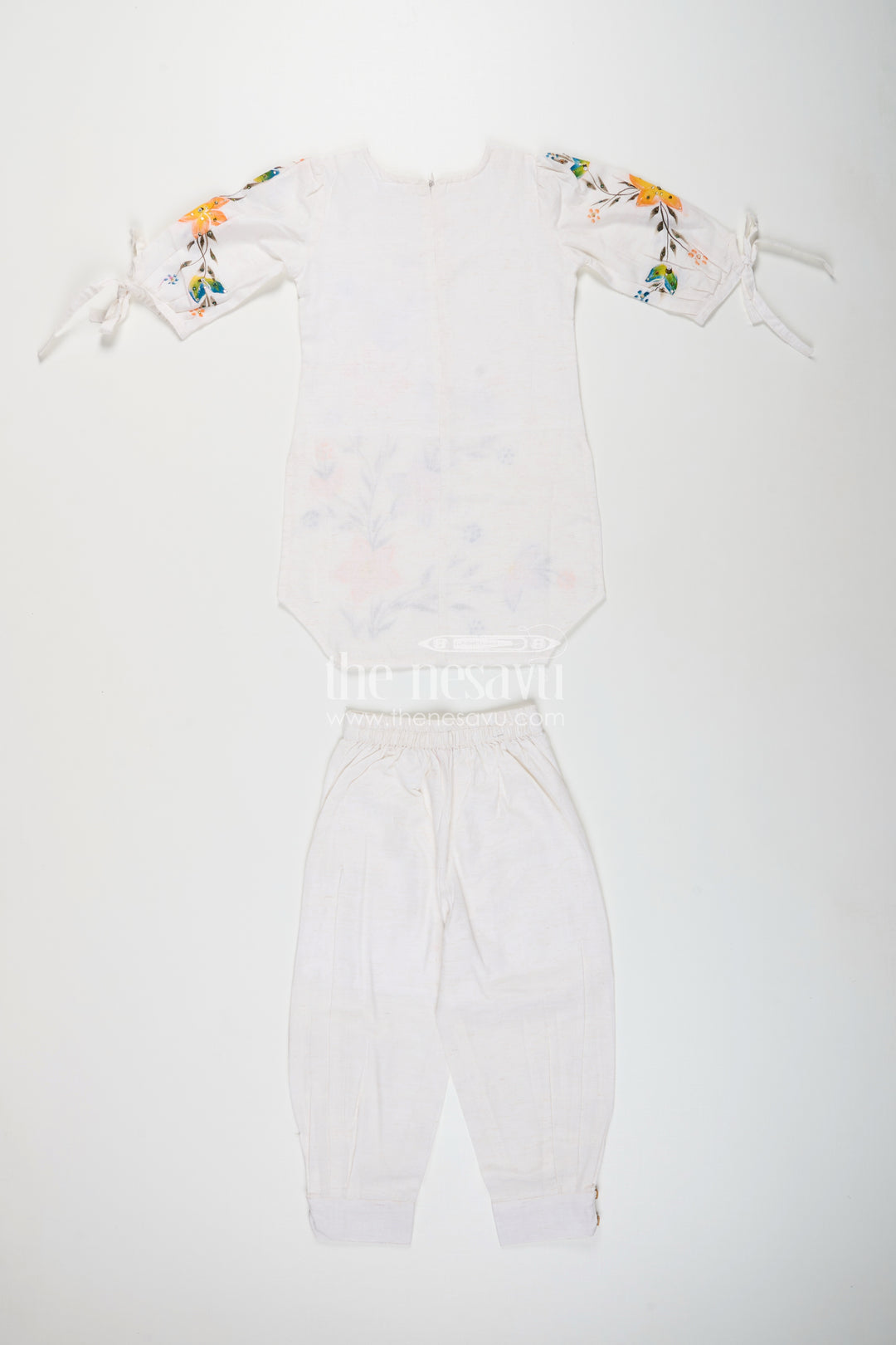 White floral print kurti and pant set for girls for festive summer wear