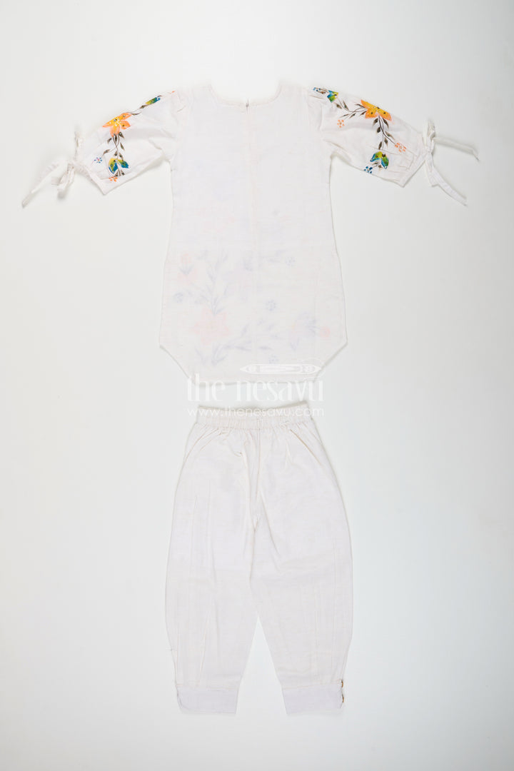 White floral print kurti and pant set for girls for festive summer wear