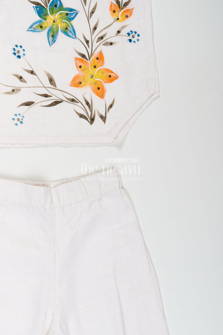 White floral print kurti and pant set for girls for festive summer wear