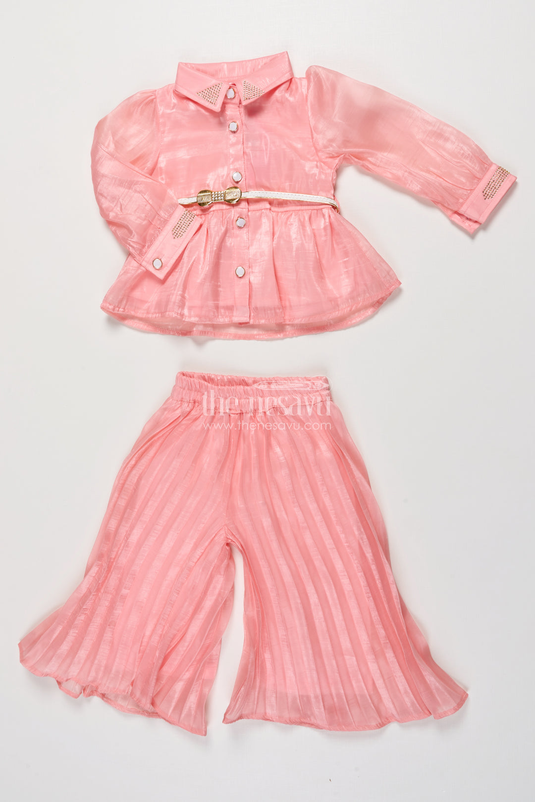 Girls Peach Organza Sharara Set with Pleated Pants and Embroidered Jacket