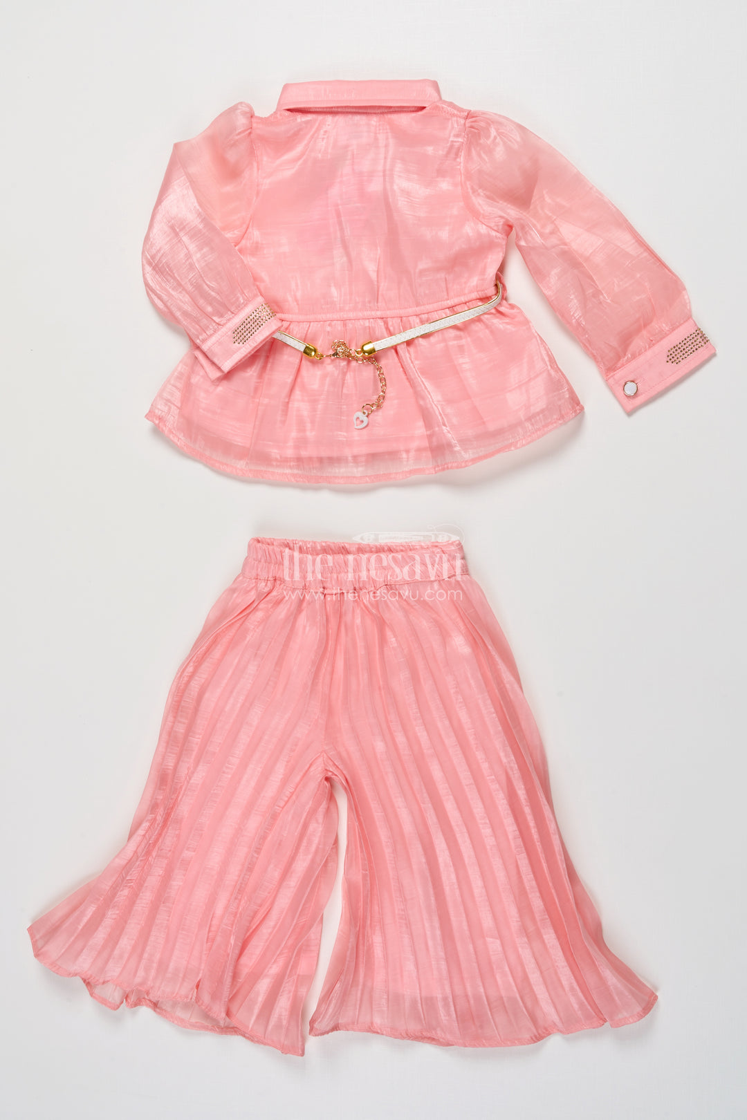 Girls Peach Organza Sharara Set with Pleated Pants and Embroidered Jacket