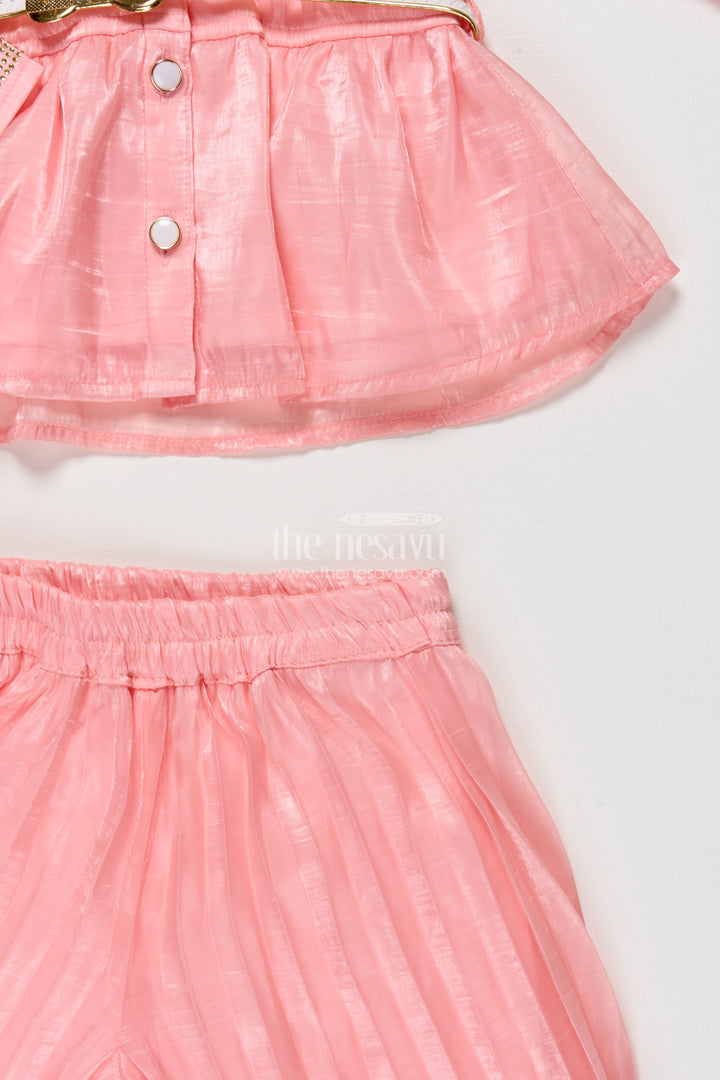 Girls Peach Organza Sharara Set with Pleated Pants and Embroidered Jacket