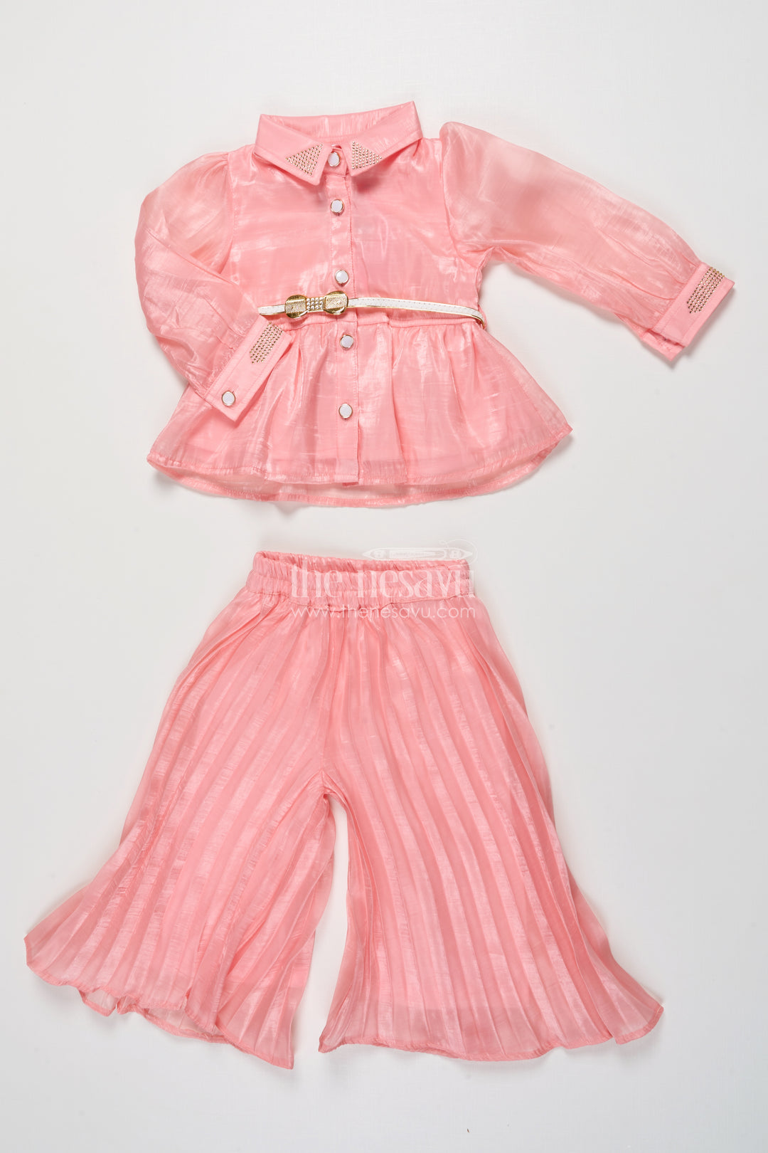 Girls Peach Organza Sharara Set with Pleated Pants and Embroidered Jacket