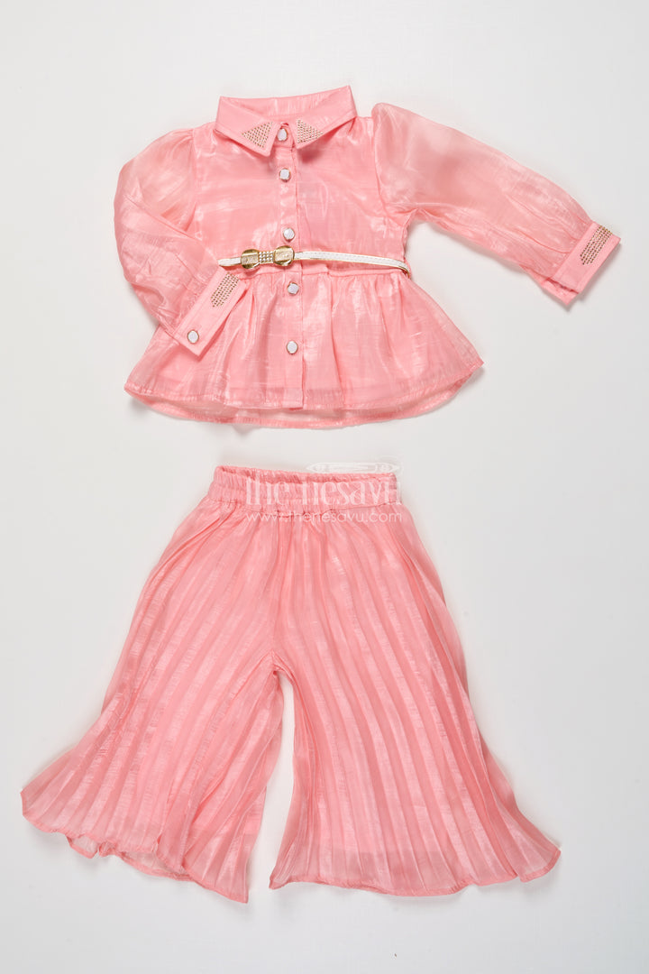 Girls Peach Organza Sharara Set with Pleated Pants and Embroidered Jacket