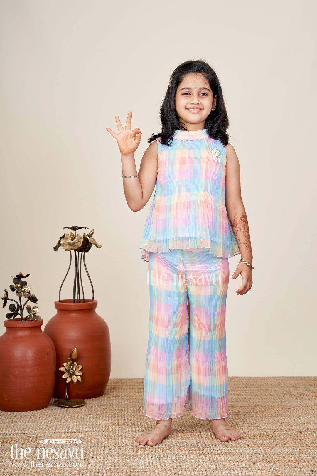 Girls pleated top and pant set for casual summer styling