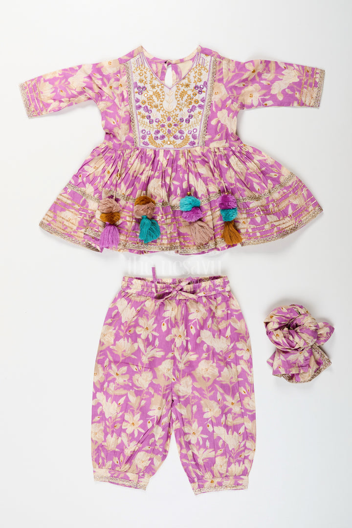 Girls cotton sharara set with floral block print for festive wear