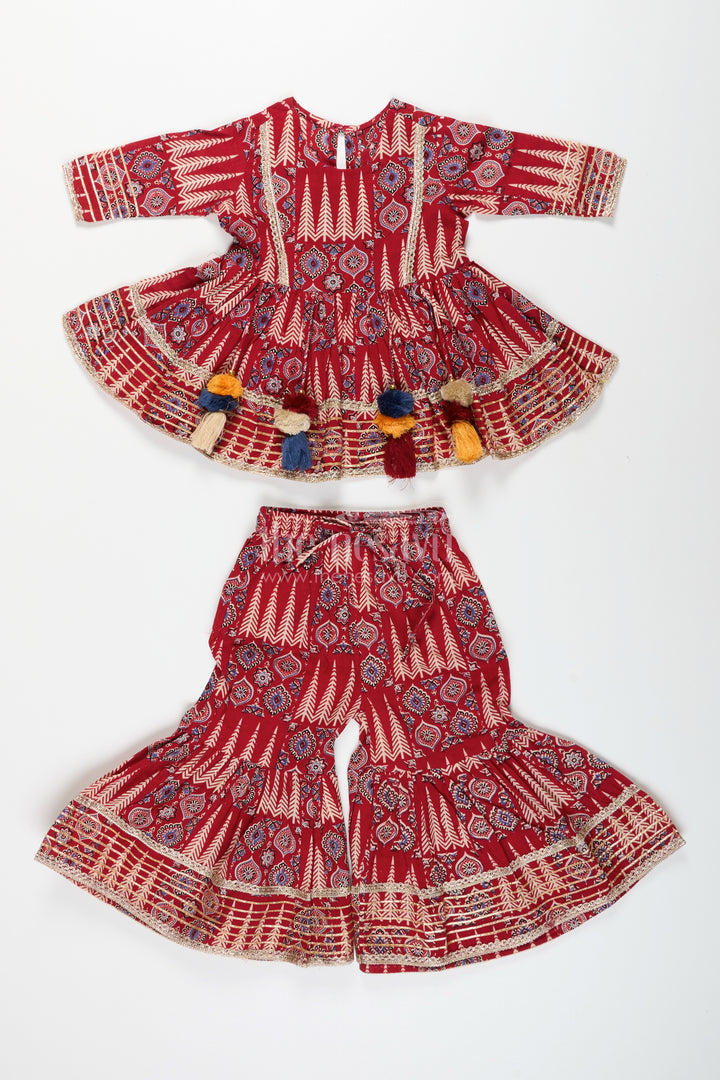 Girls cotton sharara set with ethnic block print and tassel accents