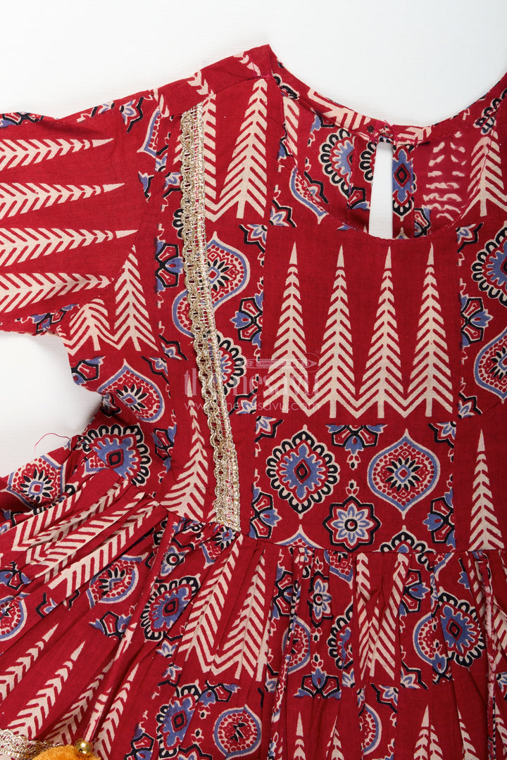 Girls cotton sharara set with ethnic block print and tassel accents