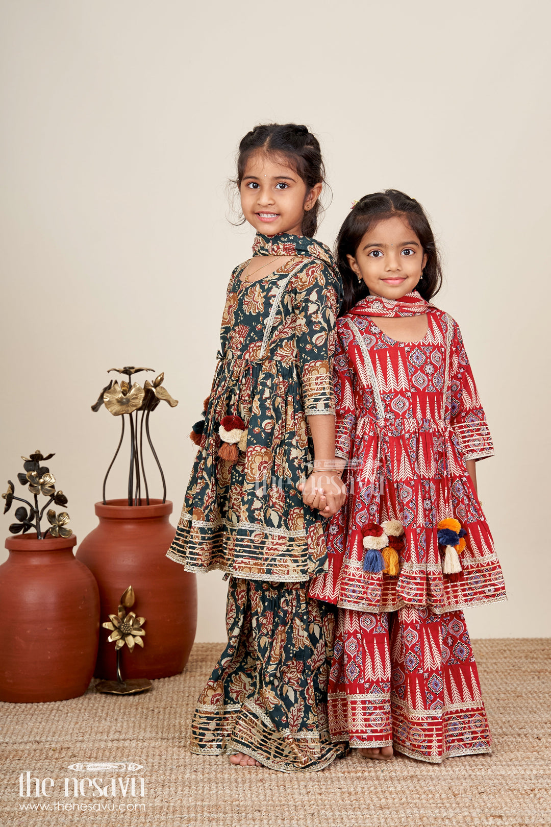 Girls cotton sharara set with ethnic block print and tassel accents