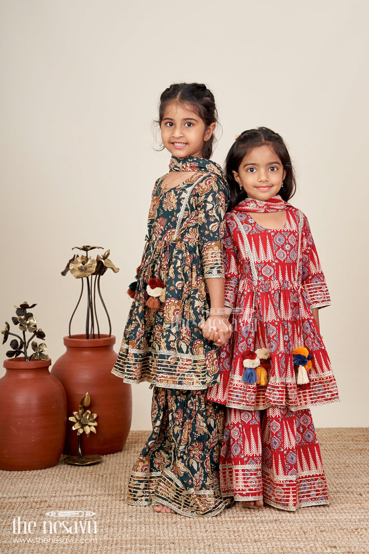 Girls cotton sharara set with ethnic block print and tassel accents