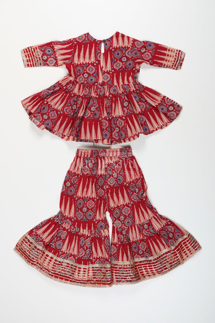 Girls cotton sharara set with ethnic block print and tassel accents