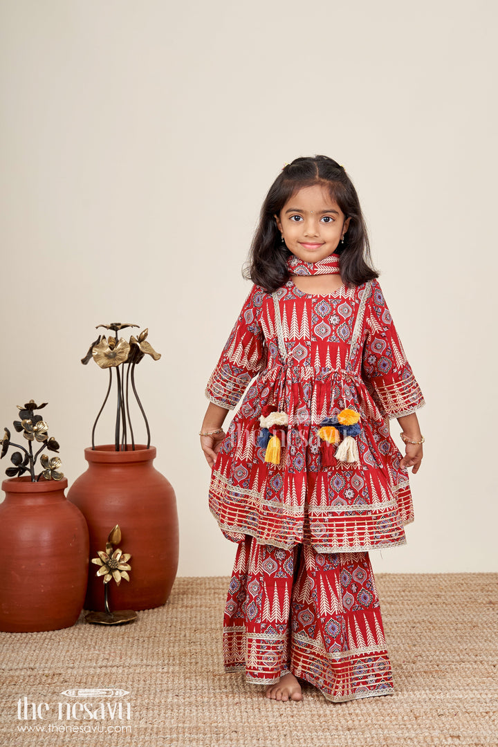 Girls cotton sharara set with ethnic block print and tassel accents