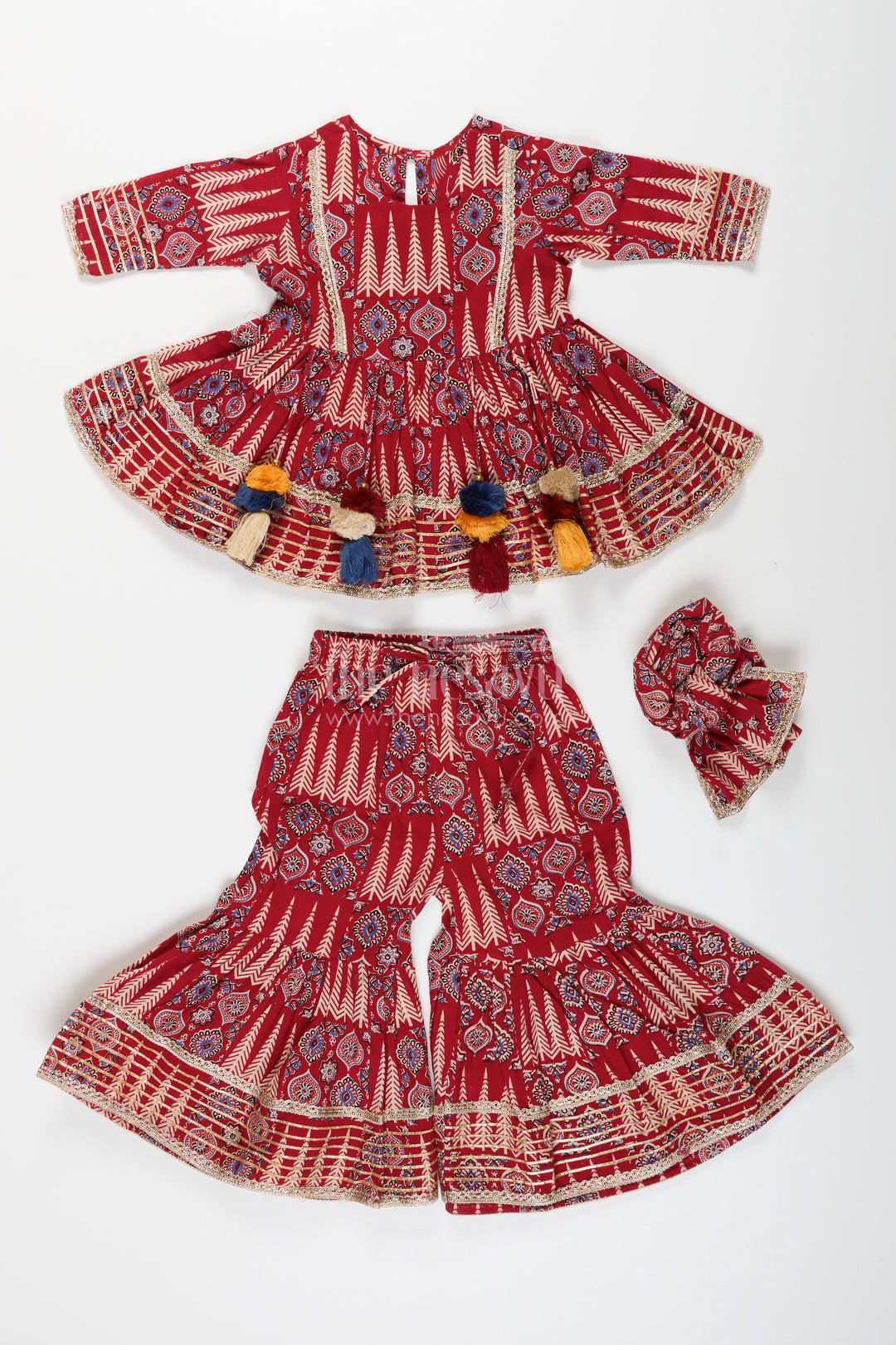 Girls cotton sharara set with ethnic block print and tassel accents