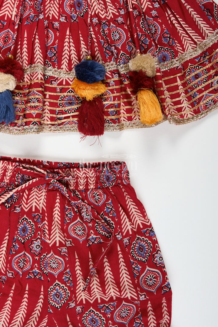 Girls cotton sharara set with ethnic block print and tassel accents