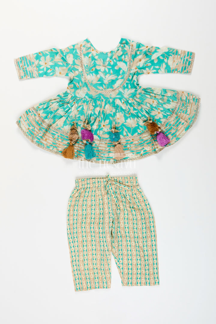 Girls cotton kurti set with floral block print and striped plazo
