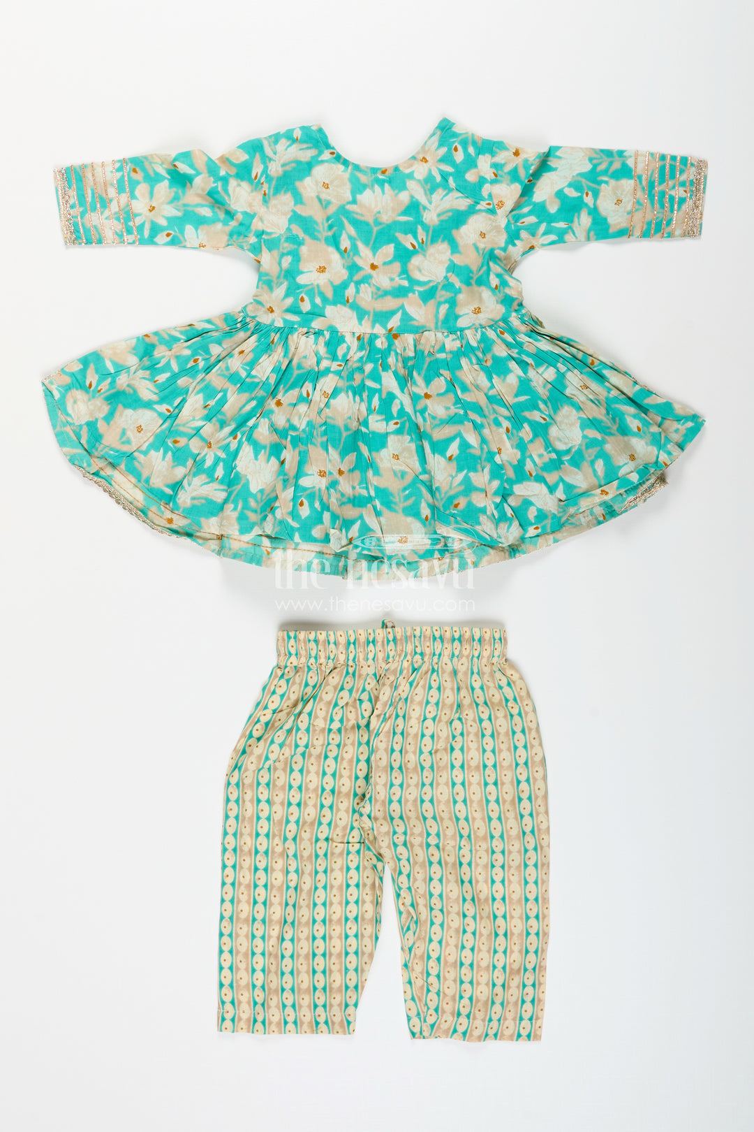 Girls cotton kurti set with floral block print and striped plazo