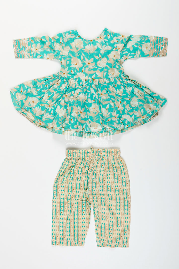 Girls cotton kurti set with floral block print and striped plazo